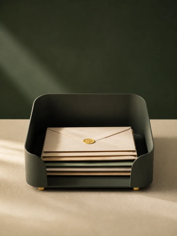 A sculptural tray holding a tidy stack of mail